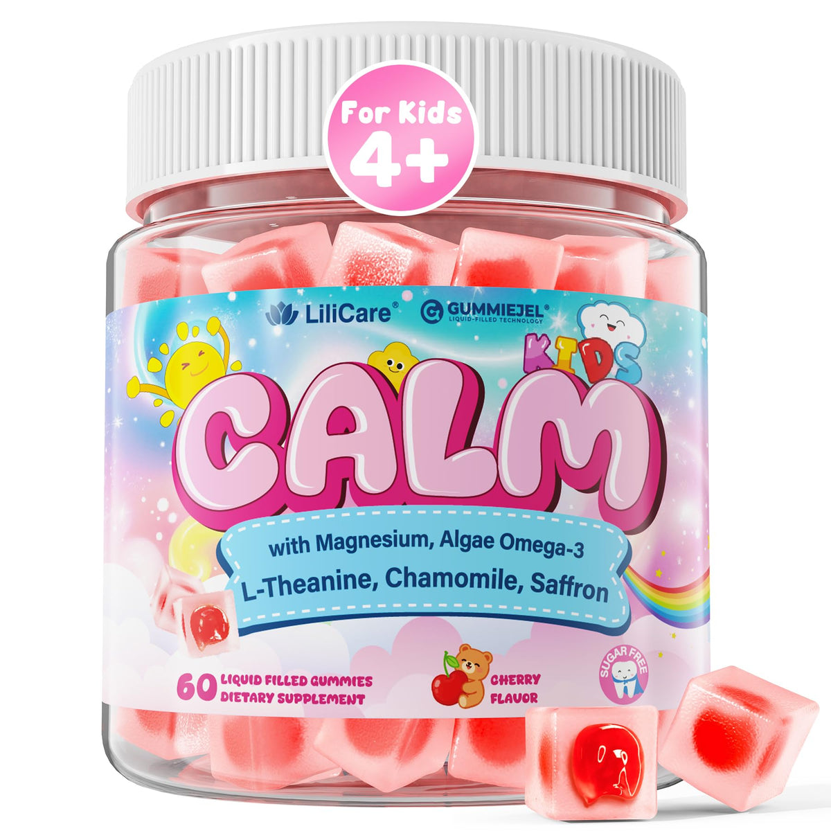 LILICARE frasco frontal mostrando gomitas veganas, fácil de administrar