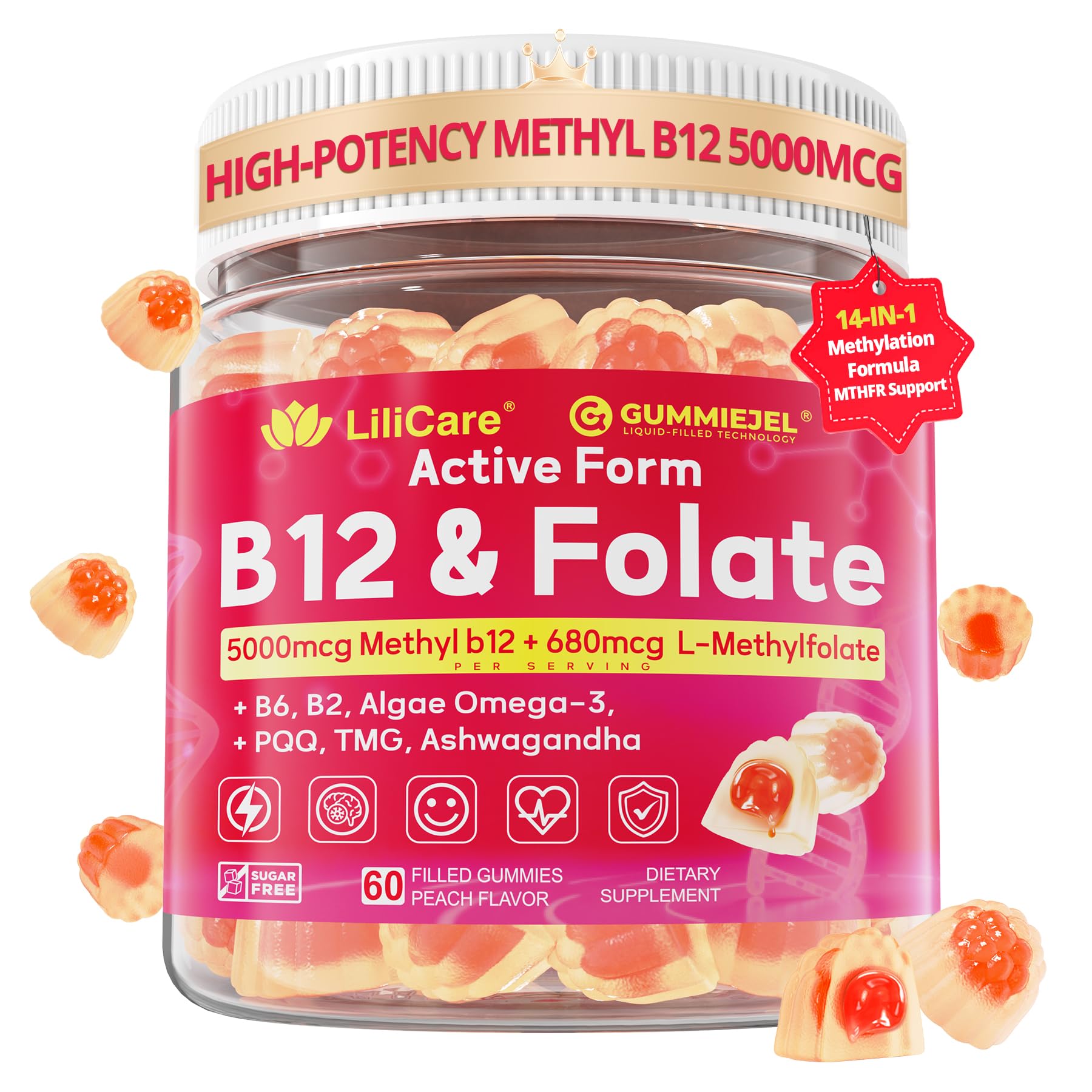 LILICARE envase frontal de gomitas mostrando tamaño y diseño, beneficio conveniencia