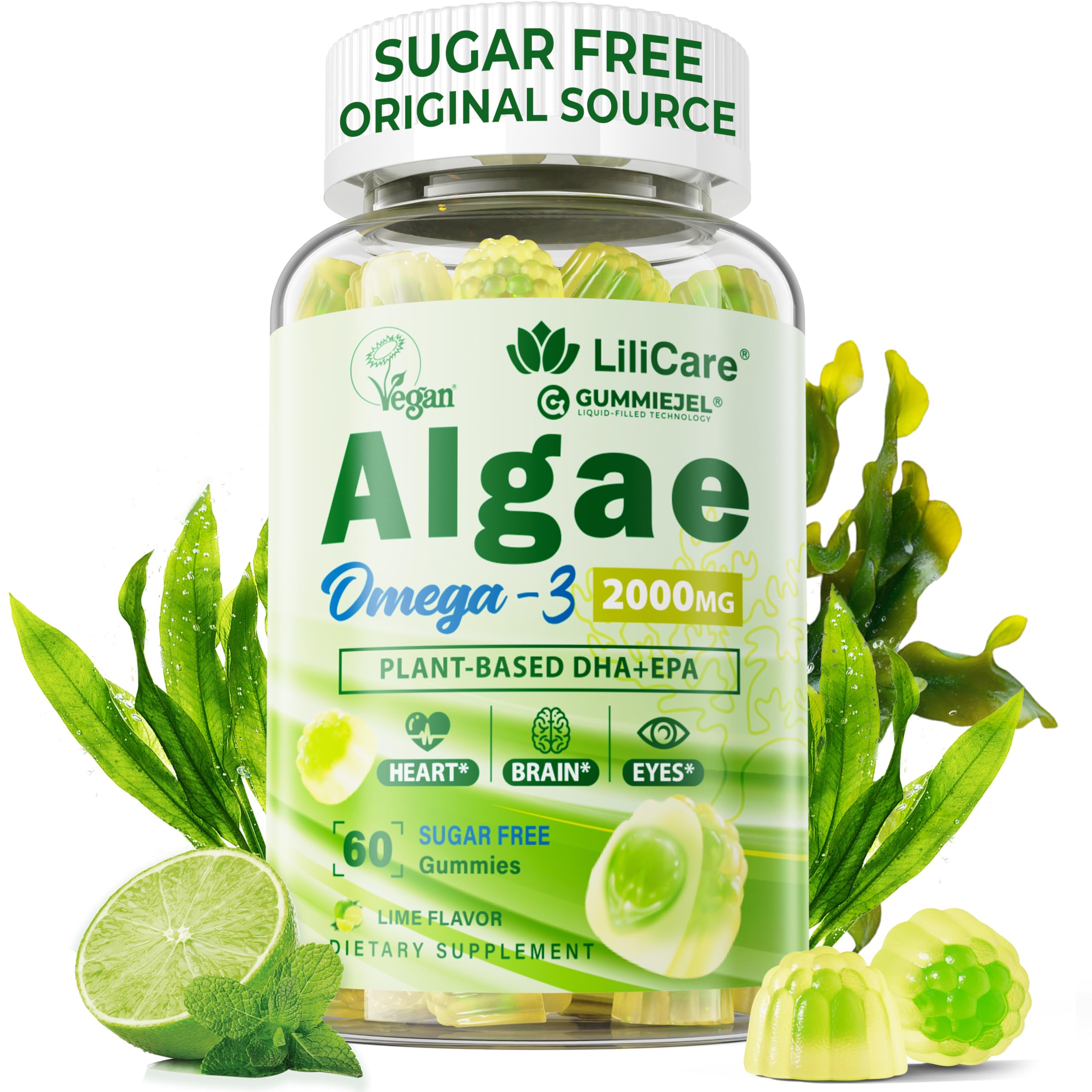 LILICARE frontal del envase de gomitas mostrando beneficios y sin azúcar