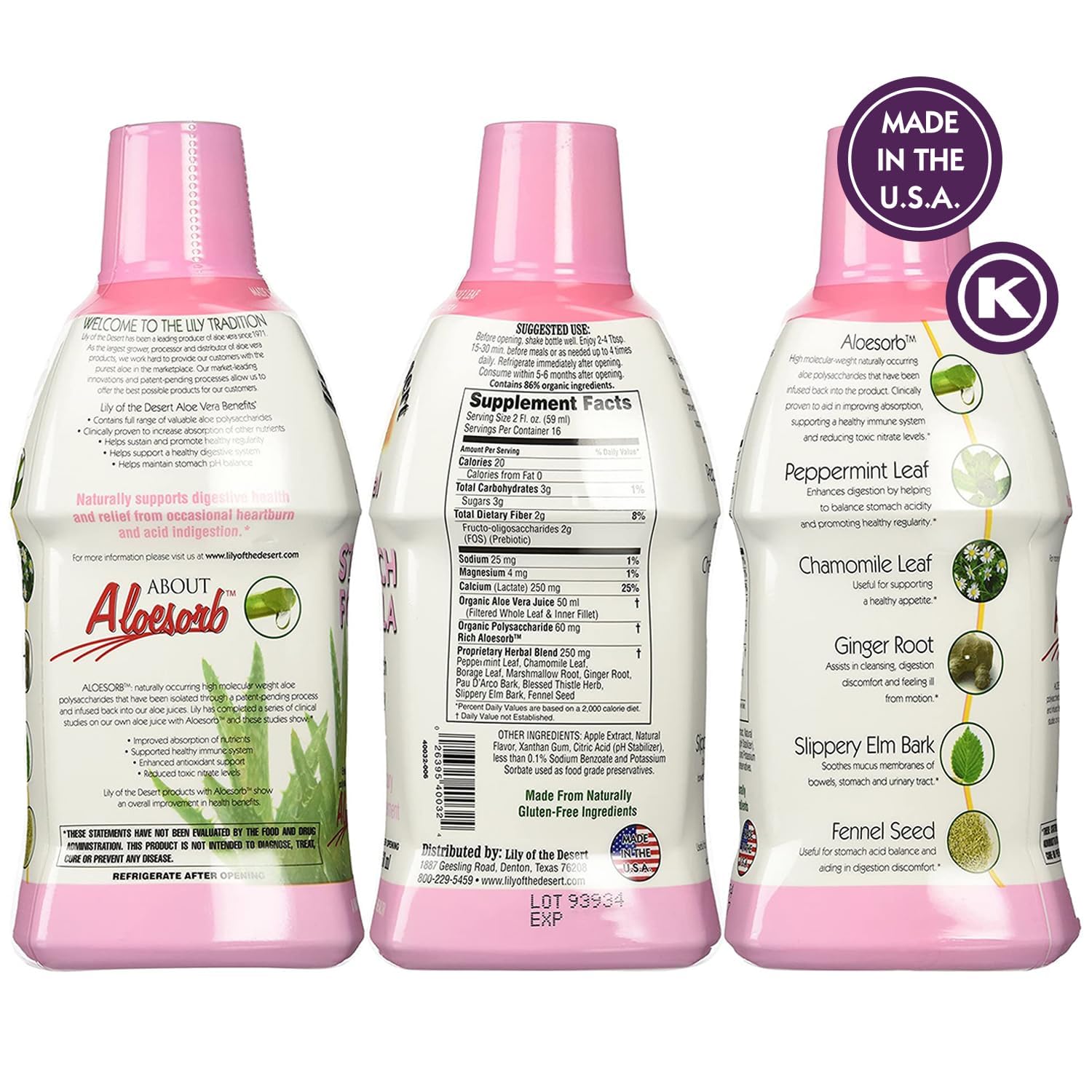 Lily Of The Desert primer plano de la etiqueta con ingredientes clave y beneficios visibles