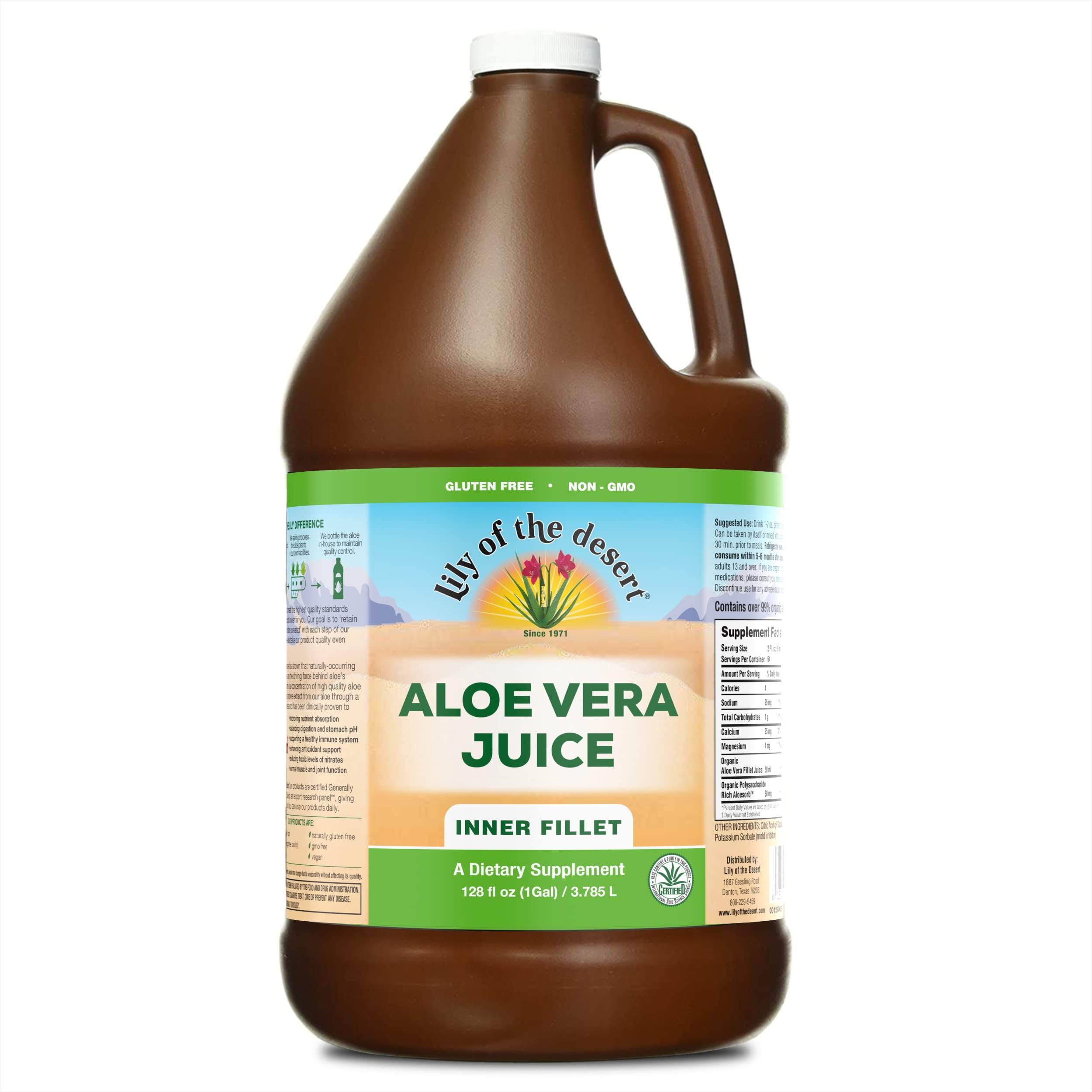 Lily Of The Desert botella frontal 128 oz mostrando presentación y volumen