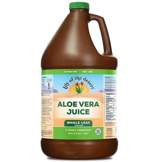 Lily Of The Desert botella frontal mostrando etiqueta y tamaño beneficiosa para uso diario
