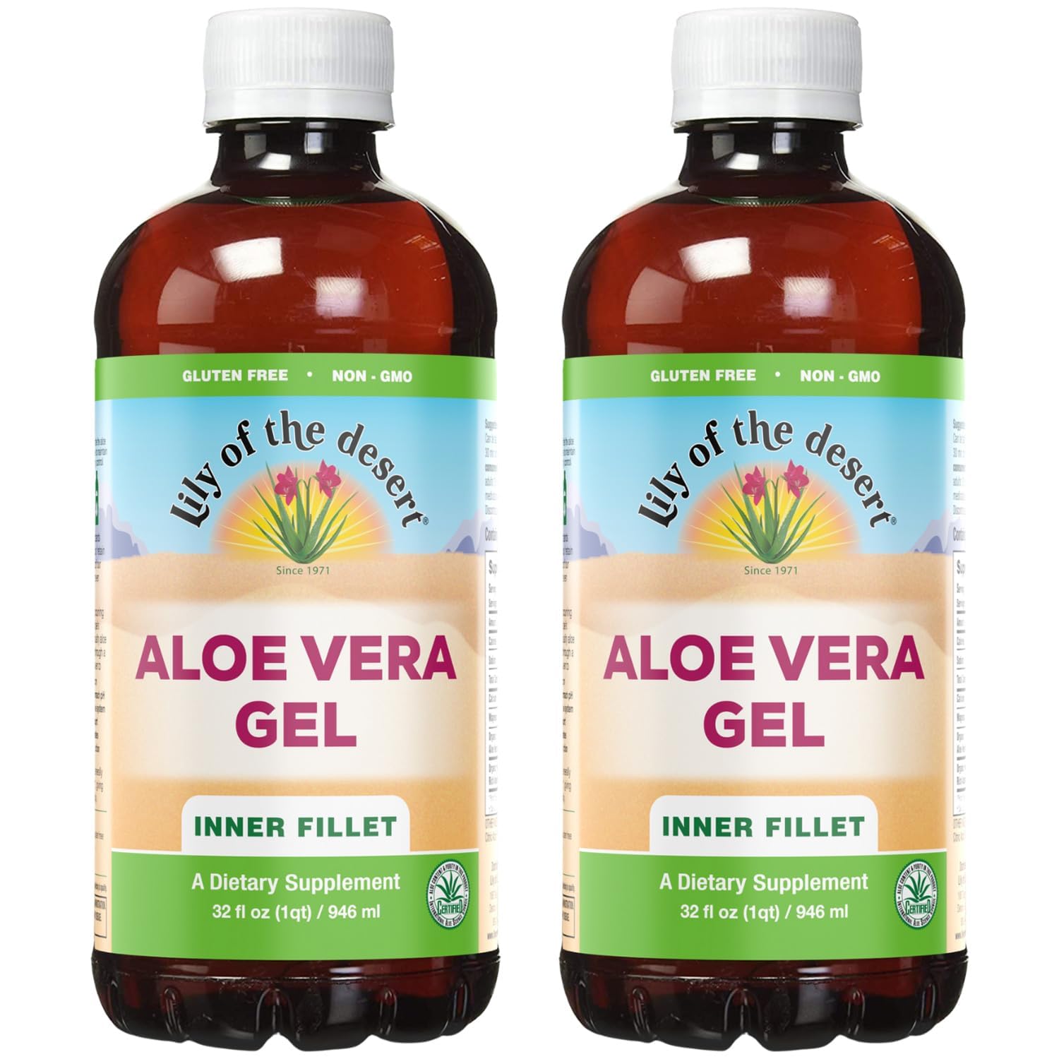 Lily Of The Desert botella frontal muestra etiqueta y beneficios visibles