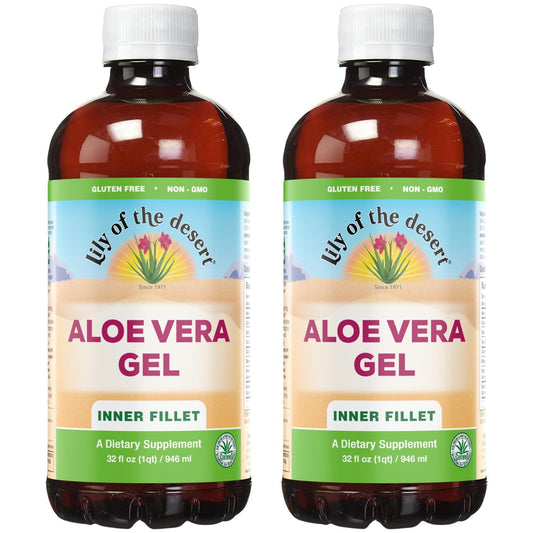 Lily Of The Desert botella frontal muestra etiqueta y beneficios visibles