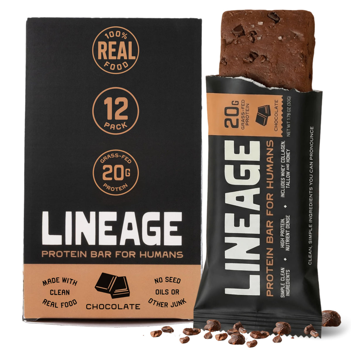 Lineage Provisions empaque frontal mostrando pack de 12 barras y beneficio de proteína real