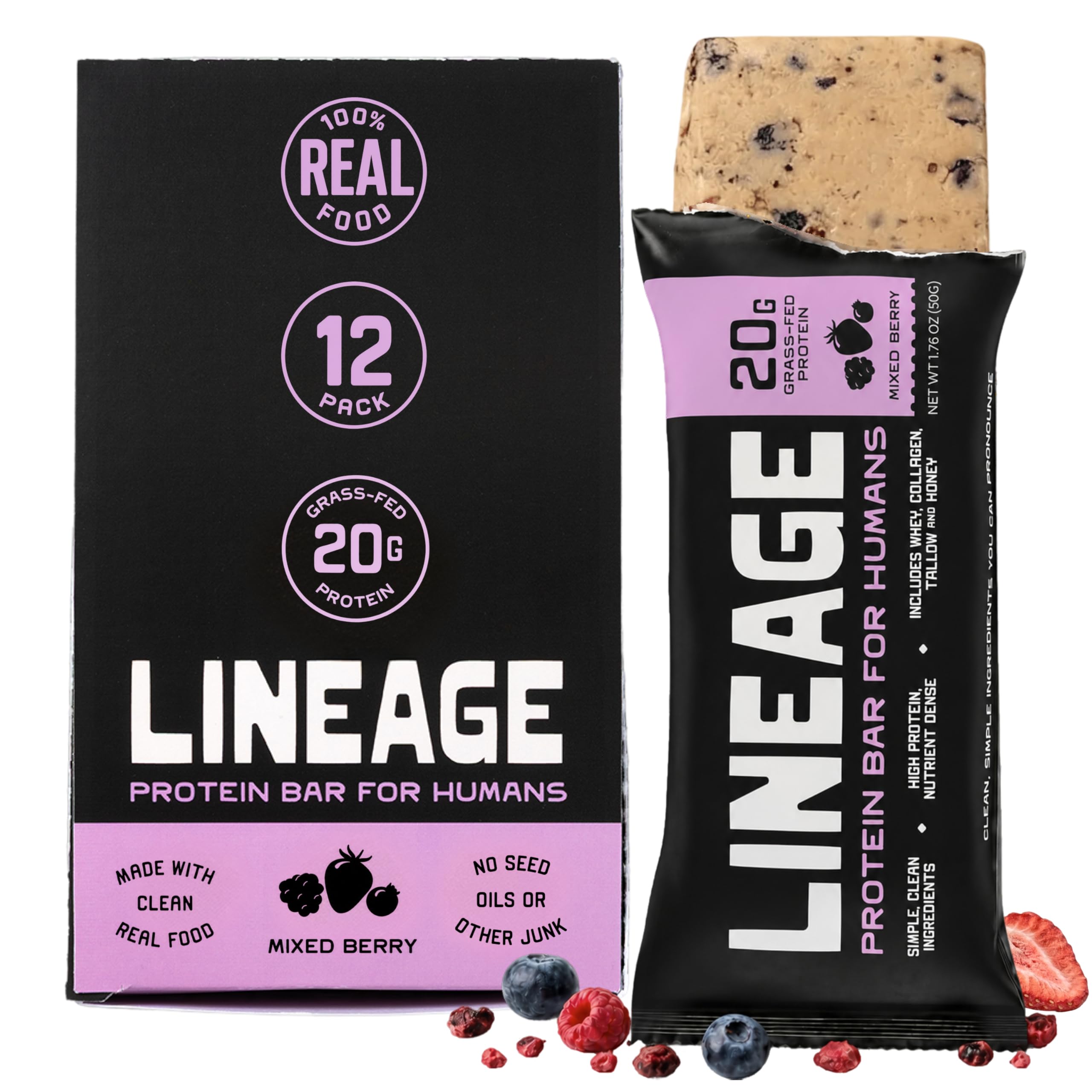 Lineage Provisions empaque frontal mostrando la caja y beneficio de proteína