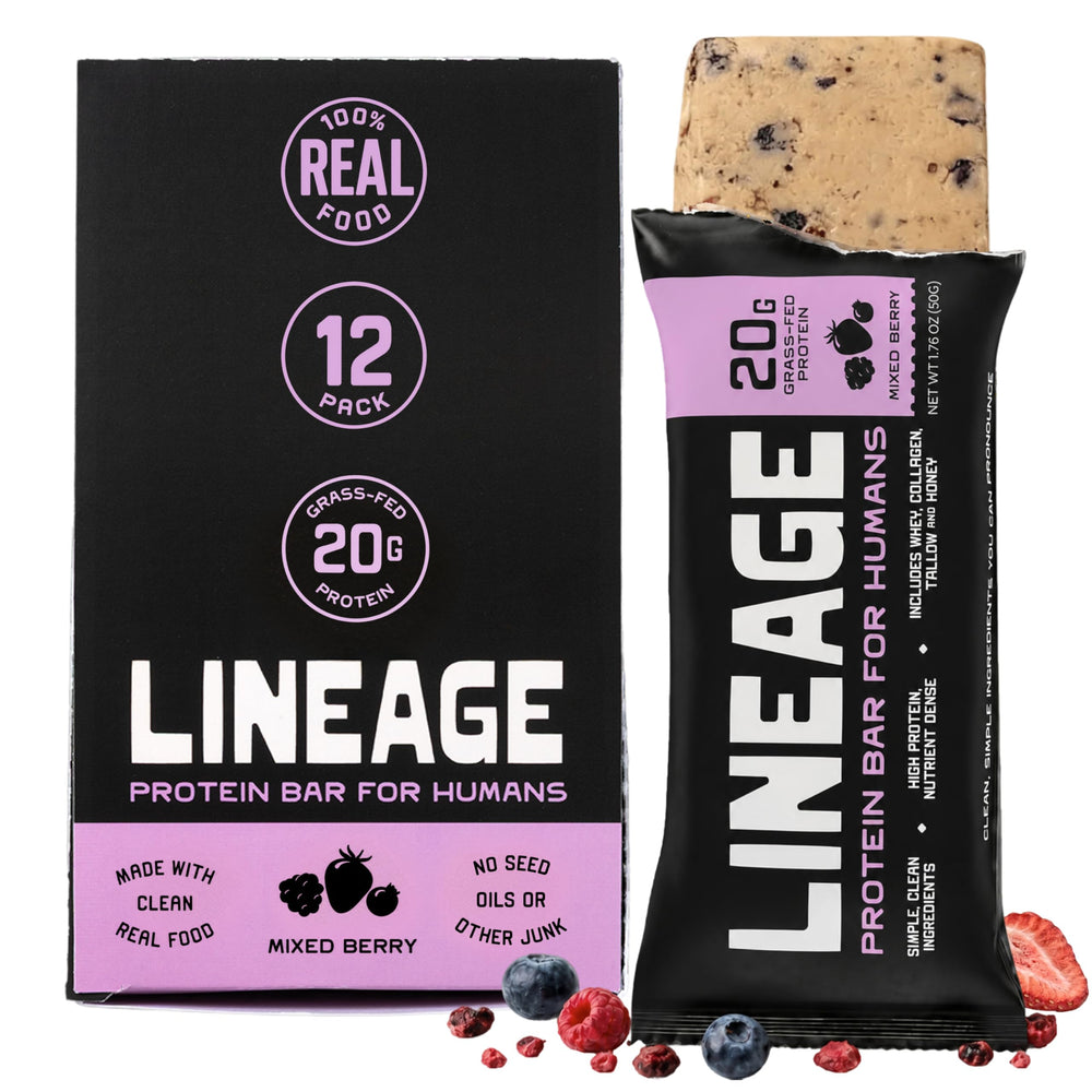 Lineage Provisions empaque frontal mostrando la caja y beneficio de proteína