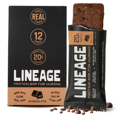 Lineage Provisions empaque frontal mostrando pack de 12 barras y beneficio de proteína real