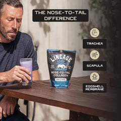 Lineage Provisions comparación de tamaño del envase junto a objetos