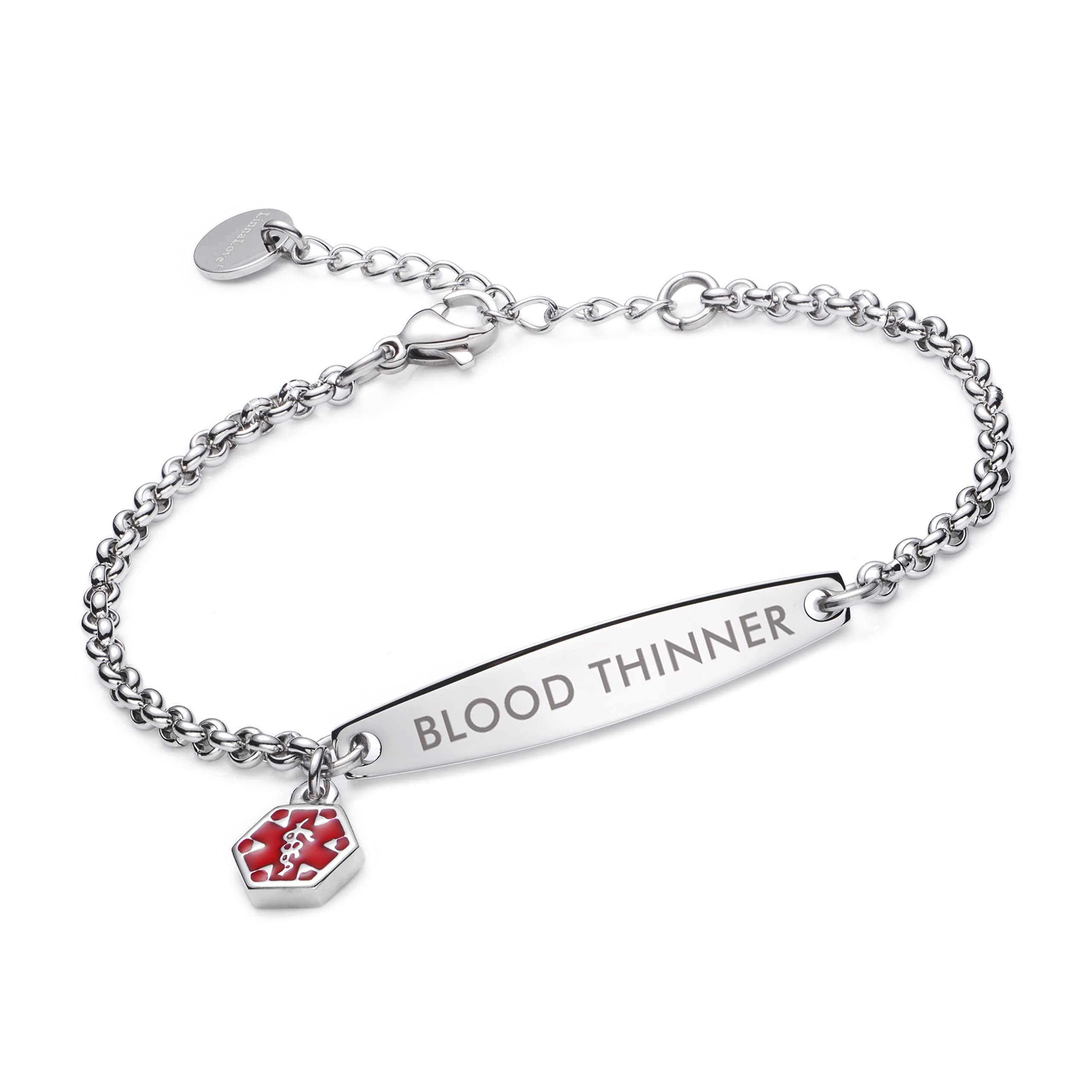 LinnaLove placa frontal visible con grabado BLOOD THINNER, alerta clara