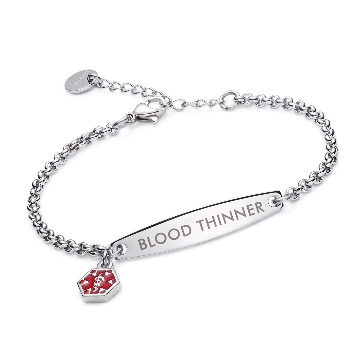 LinnaLove placa frontal visible con grabado BLOOD THINNER, alerta clara