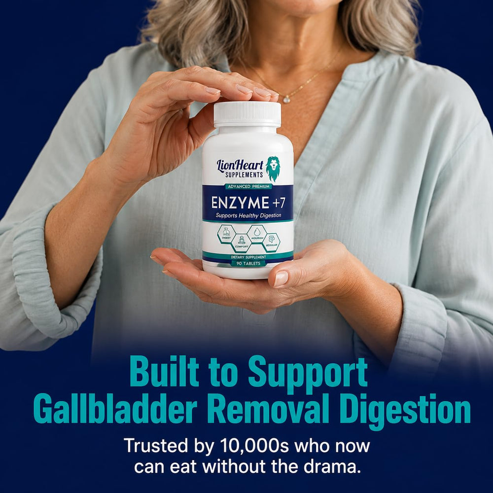 LionHeart Enzyme +7 junto a un plato graso demostrando digestión más cómoda