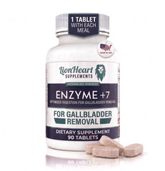 LionHeart Enzyme +7 frente del empaque mostrando 90 tabletas y beneficios