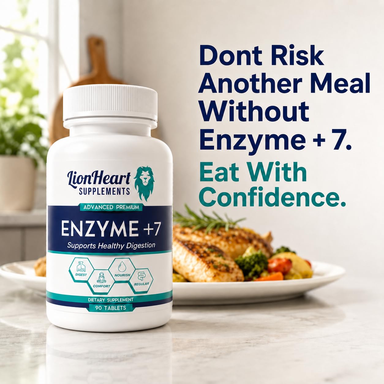 LionHeart Enzyme +7 etiqueta con lista de ingredientes y cantidades visibles