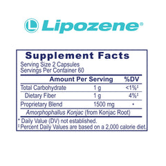 Detalle de etiqueta Lipozene resaltando ingredientes clave y confianza