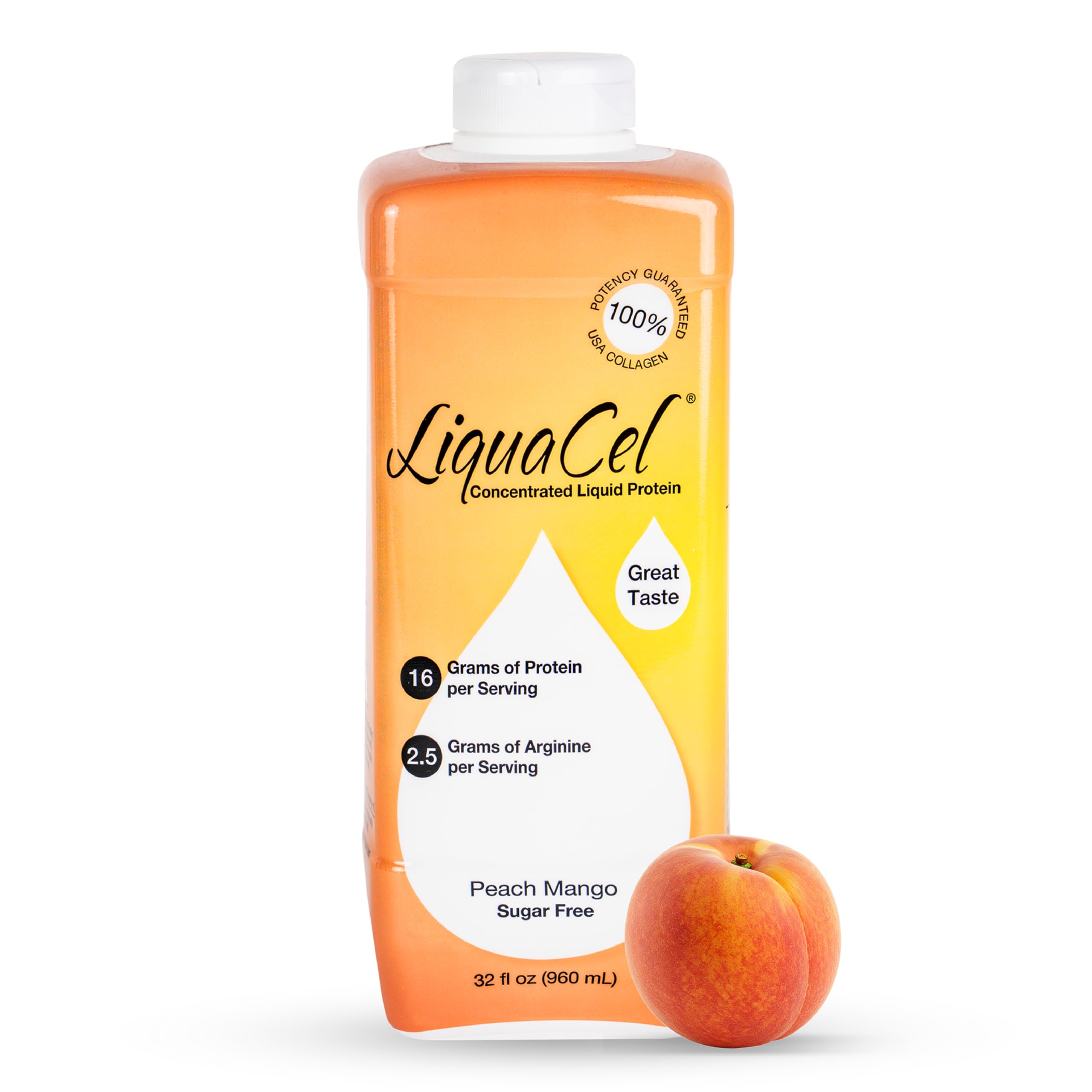 LiquaCel botella frontal durazno mango mostrando tamaño y sabor