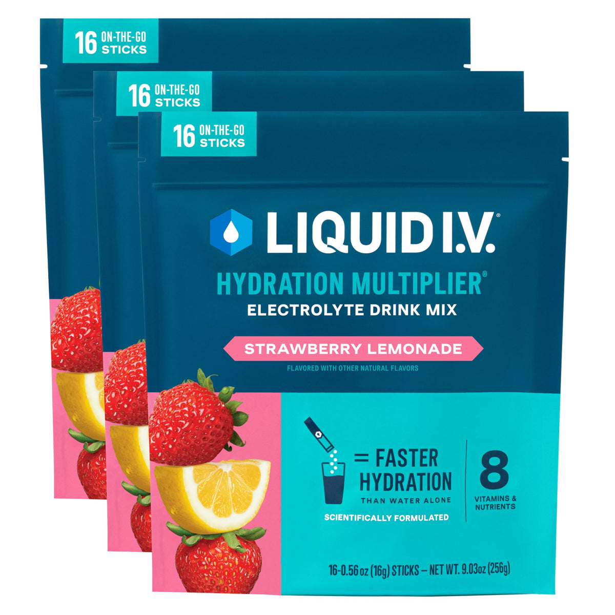 Liquid I.V. empaque frontal mostrando 48 sobres y beneficio de hidratación rápida
