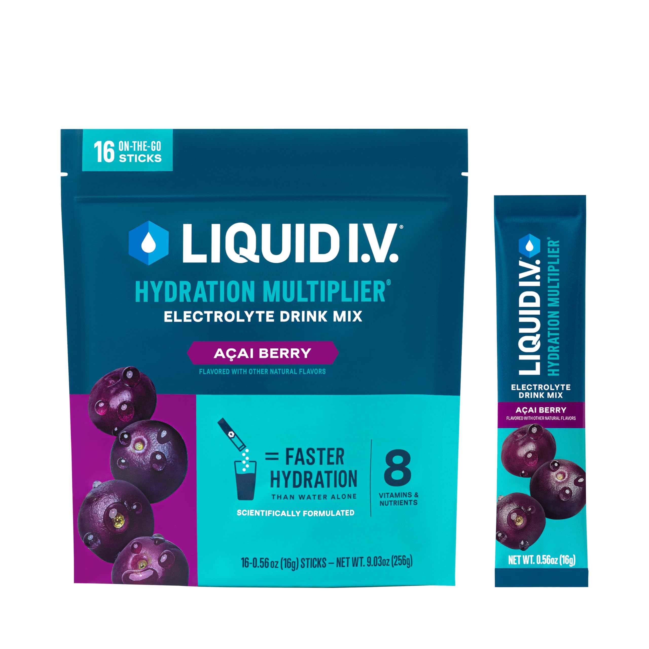 Liquid I.V. caja frontal mostrando 16 sobres y beneficio de hidratación rápida