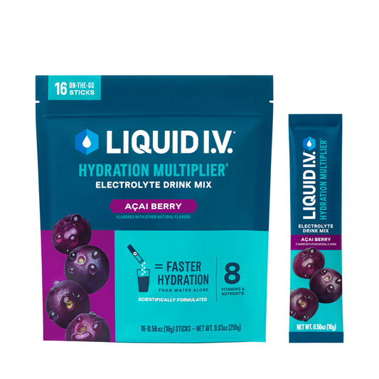 Liquid I.V. caja frontal mostrando 16 sobres y beneficio de hidratación rápida