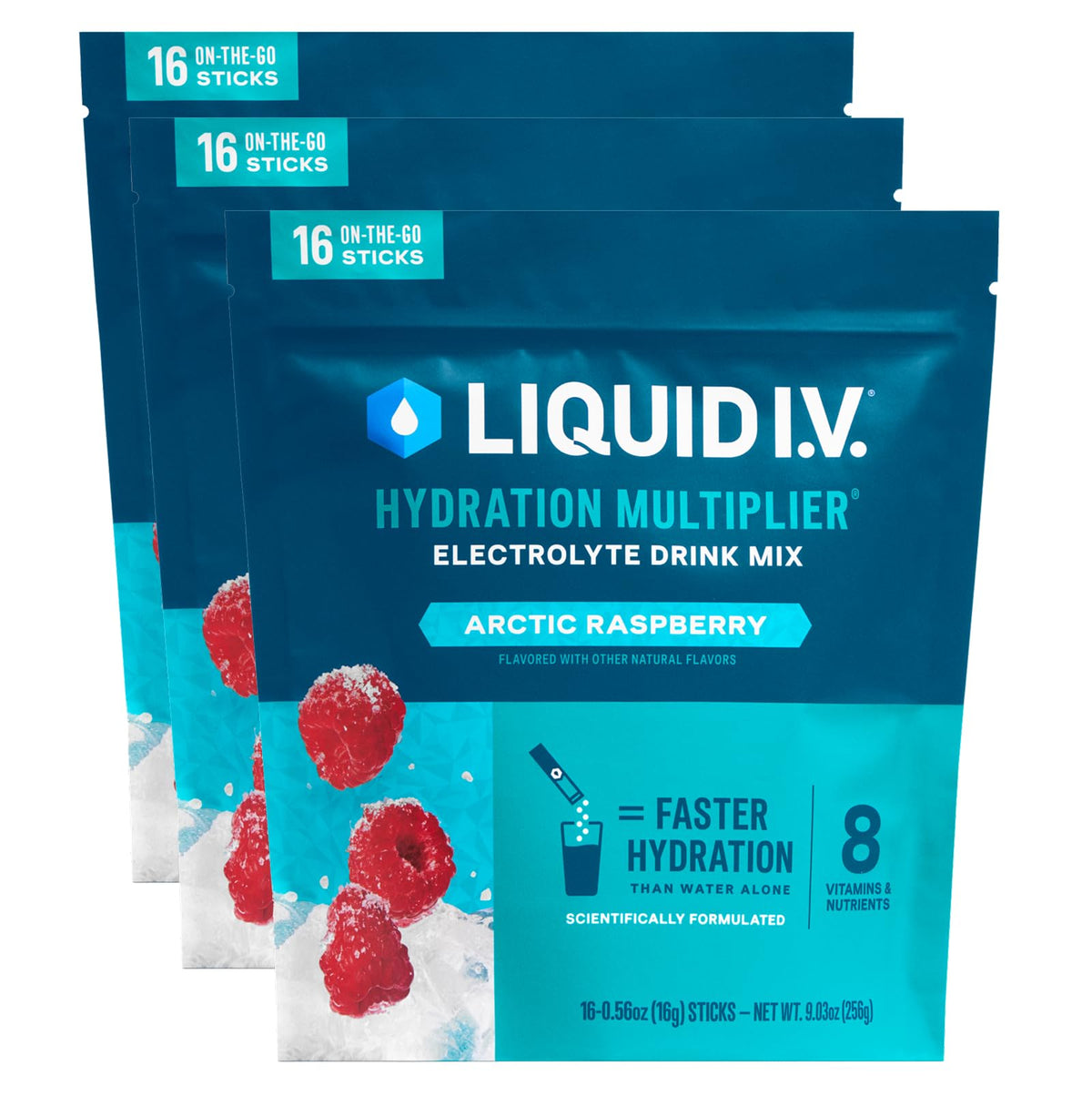 Liquid I.V. empaque frontal mostrando 48 sobres y beneficio de hidratación rápida