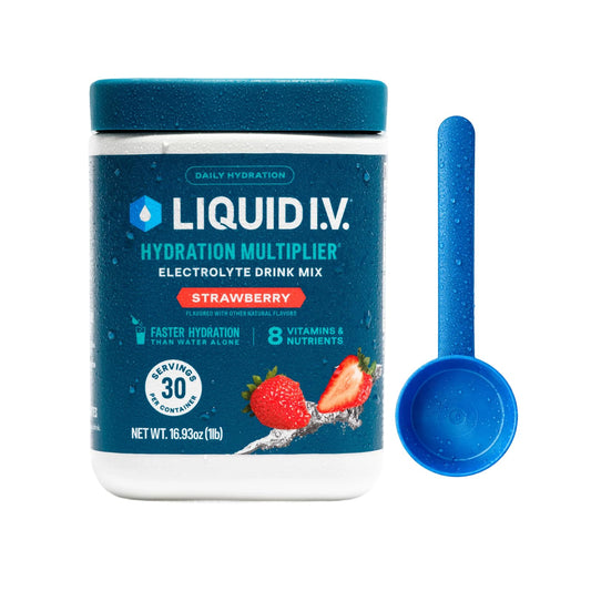 Liquid I.V. bote frontal fresa mostrando diseño y porciones