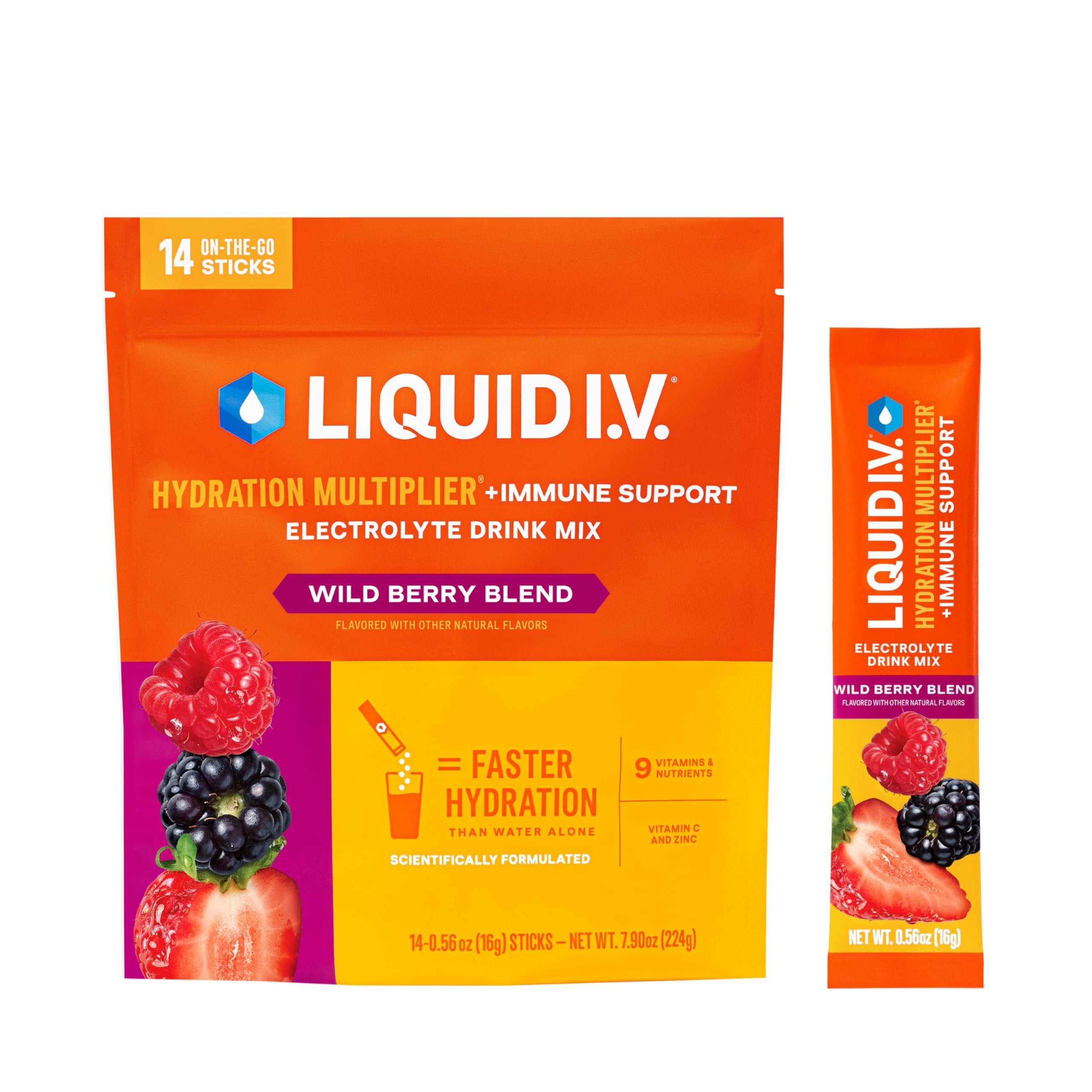 Liquid I.V. caja frontal Wild Berry mostrando diseño y conveniencia