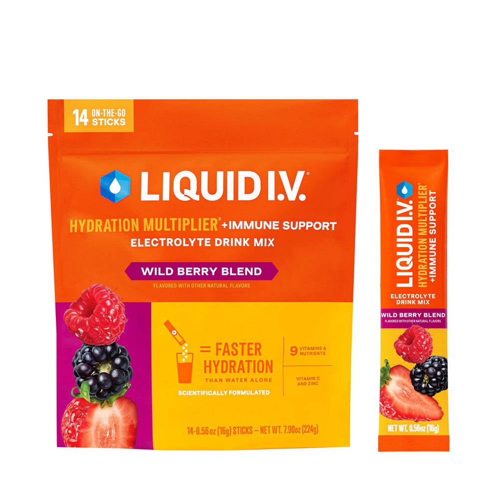 Liquid I.V. caja frontal Wild Berry mostrando diseño y conveniencia