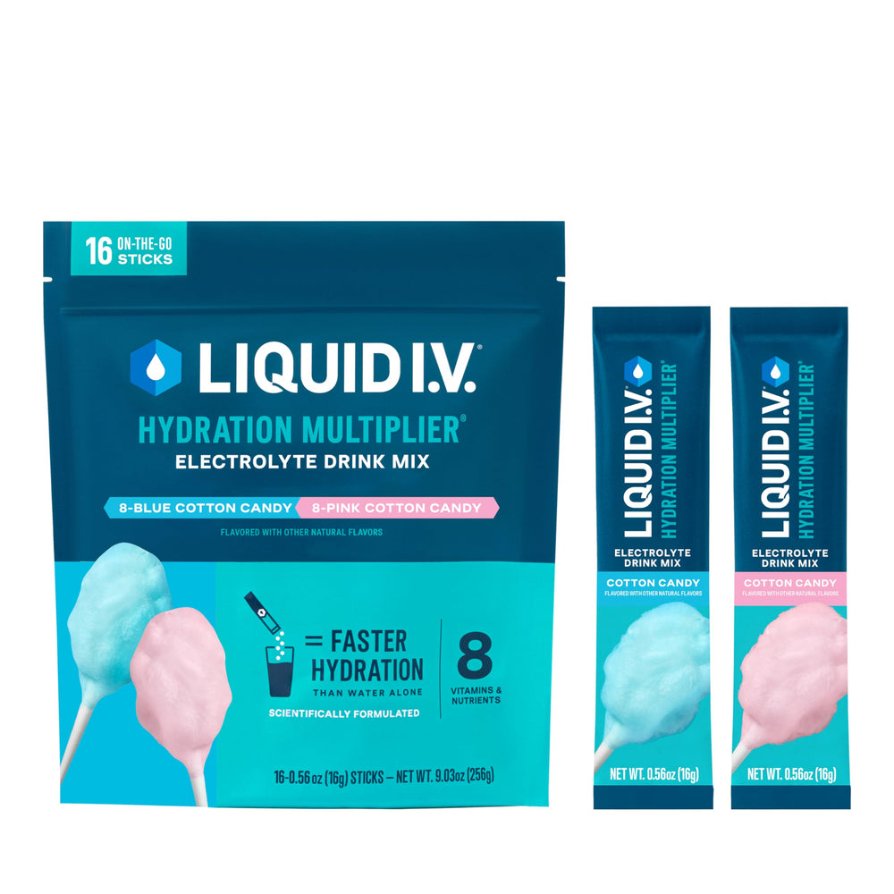 Liquid I.V. caja frontal Cotton Candy mostrando 16 sobres y beneficio hidratación rápida