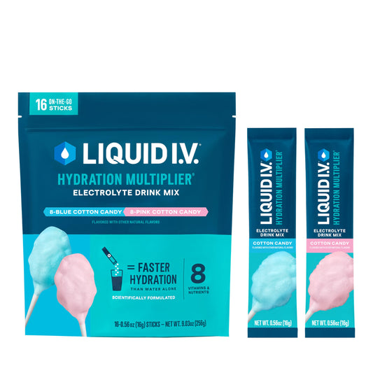 Liquid I.V. caja frontal Cotton Candy mostrando 16 sobres y beneficio hidratación rápida