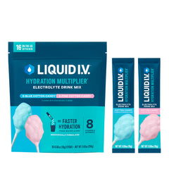 Liquid I.V. caja frontal Cotton Candy mostrando 16 sobres y beneficio hidratación rápida