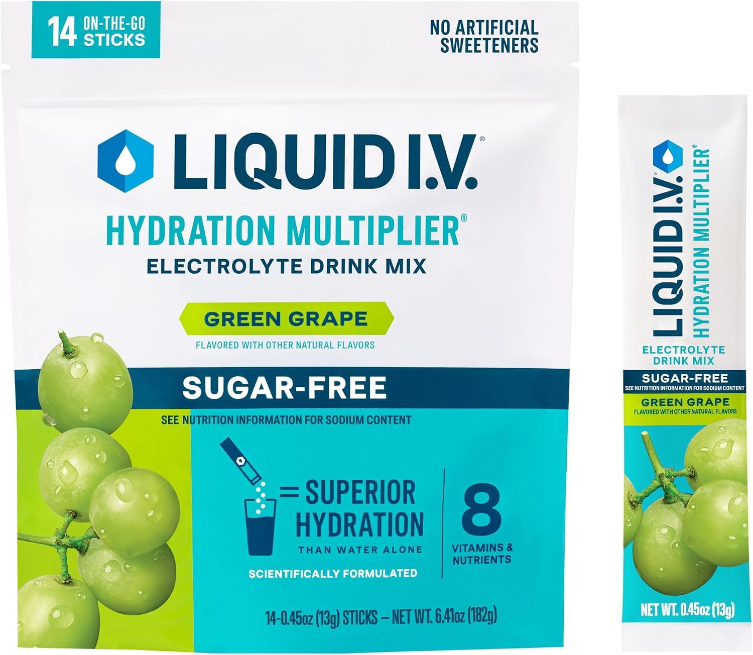 Liquid I.V. caja frontal mostrando 14 sobres y beneficios de hidratación