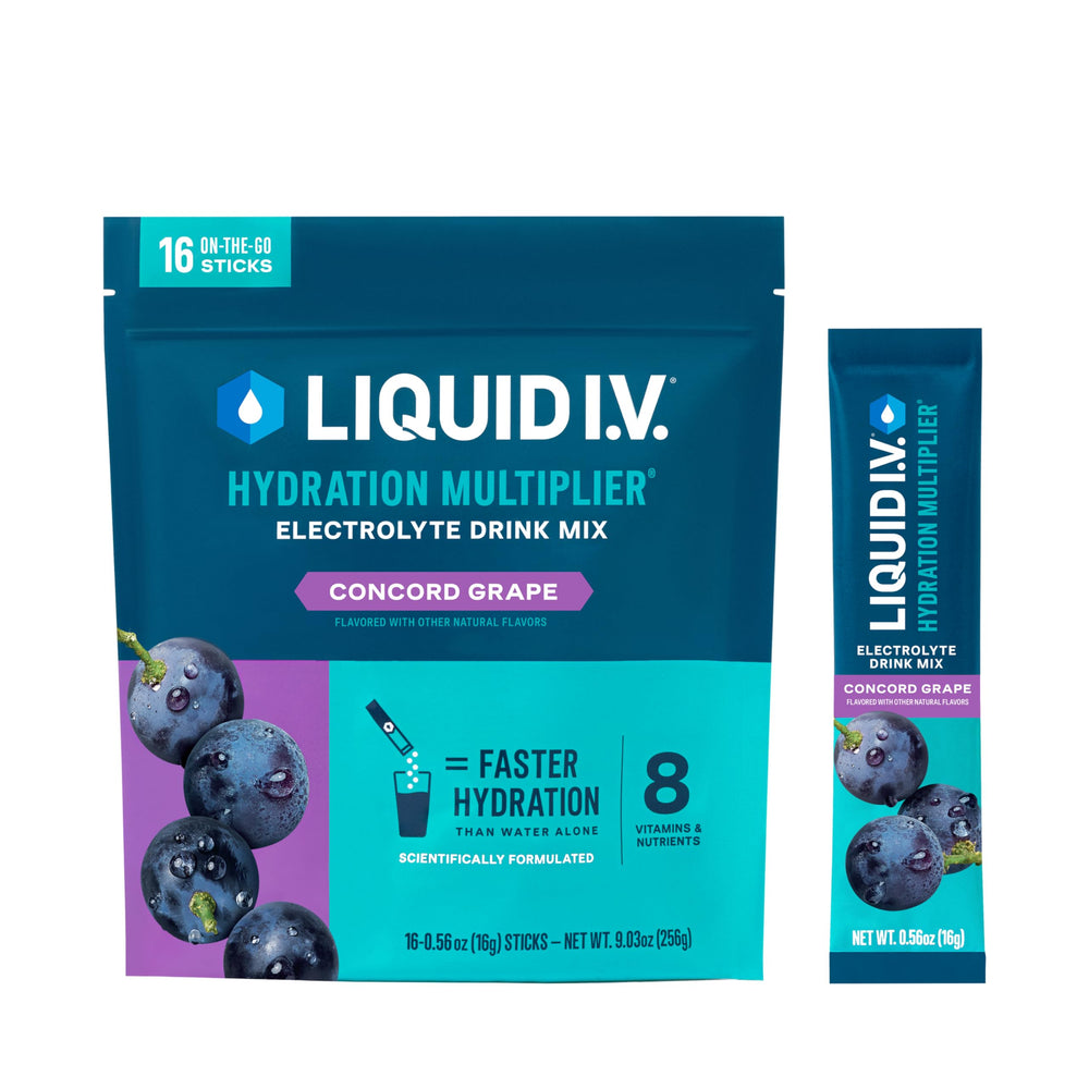 Liquid I.V. empaque frontal mostrando 16 sobres y beneficios visibles