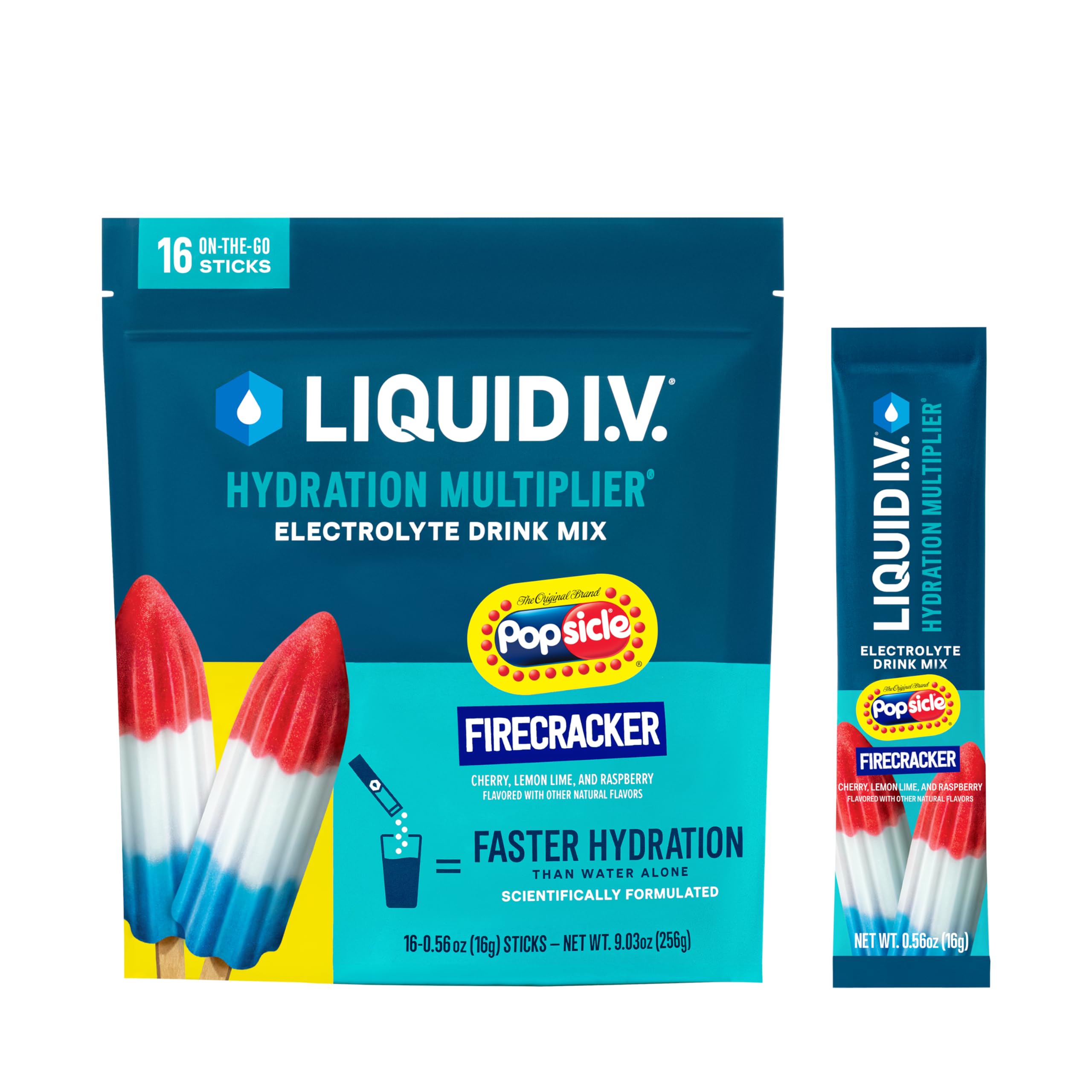 Liquid I.V. empaque frontal mostrando 16 sobres y beneficio de hidratación rápida