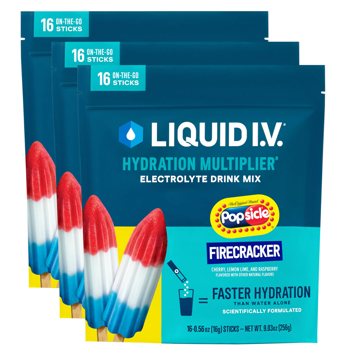 Liquid I.V. Firecracker frente del paquete mostrando 48 sobres y conveniencia