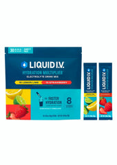 Liquid I.V. caja frente mostrando variedad y portabilidad