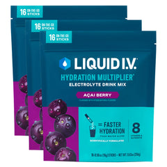 Liquid I.V. frente del empaque Açaí Berry mostrando 48 sobres y conveniencia