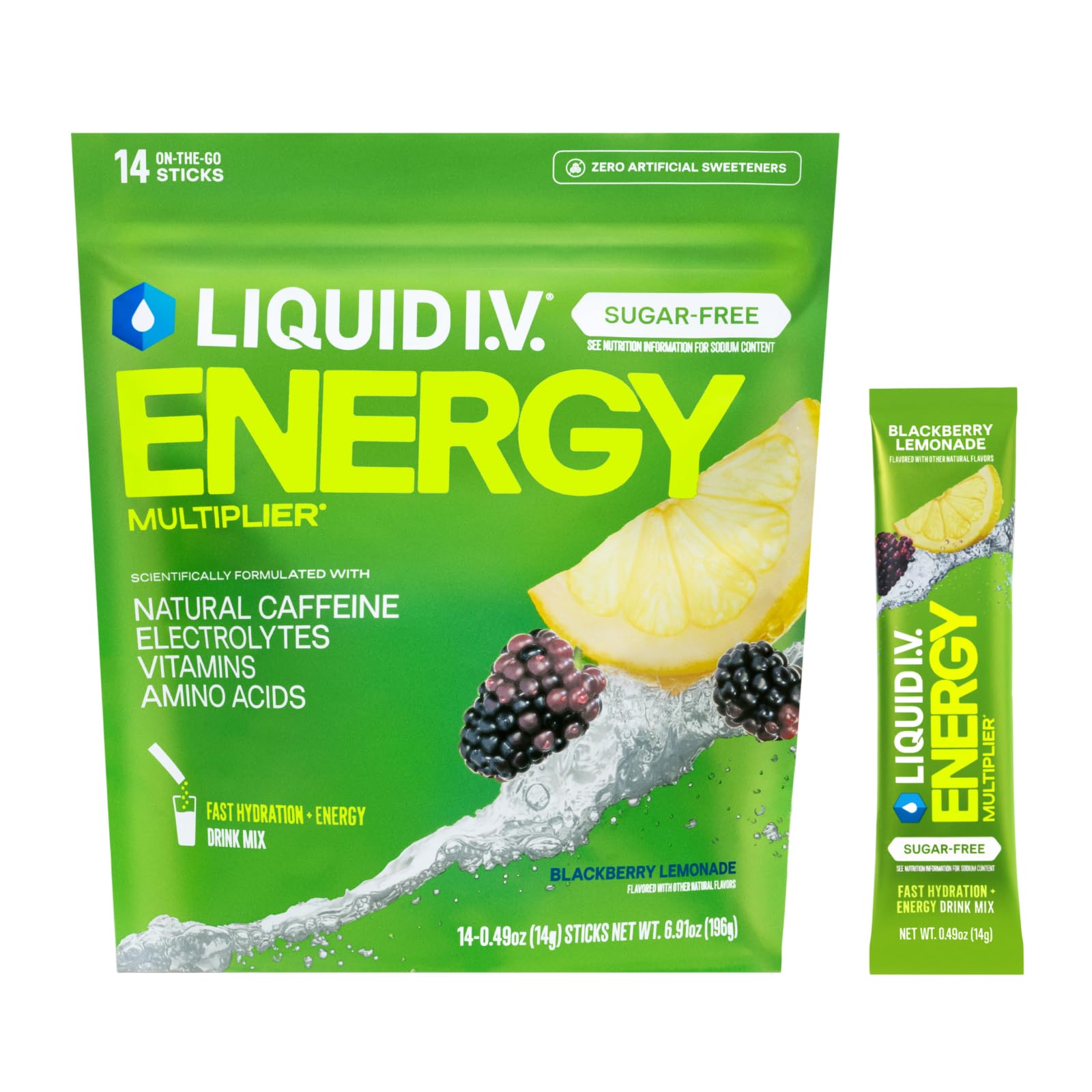 Liquid I.V. frente del empaque mostrando sabor BlackBerry Lemonade y beneficios