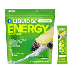 Liquid I.V. frente del empaque mostrando sabor BlackBerry Lemonade y beneficios