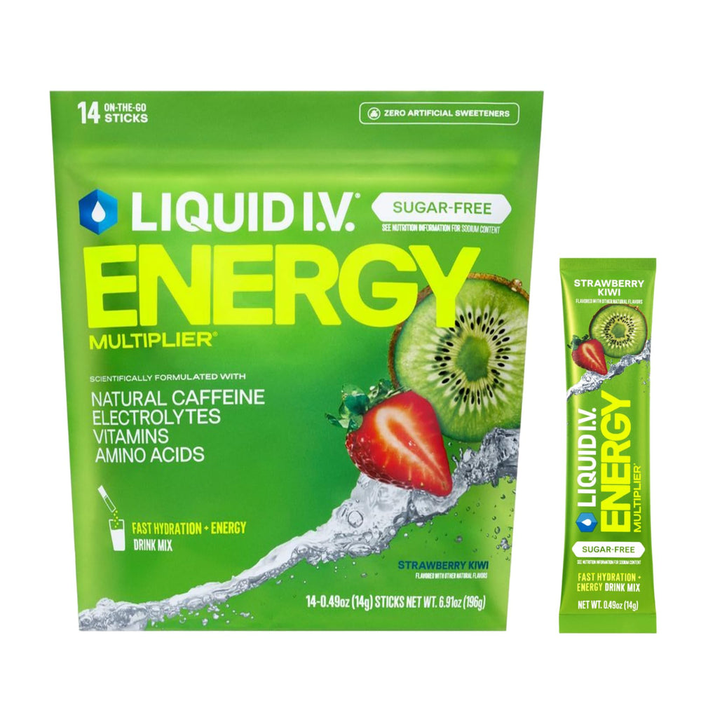 Liquid I.V. frente del empaque fresa kiwi mostrando sabor y beneficios