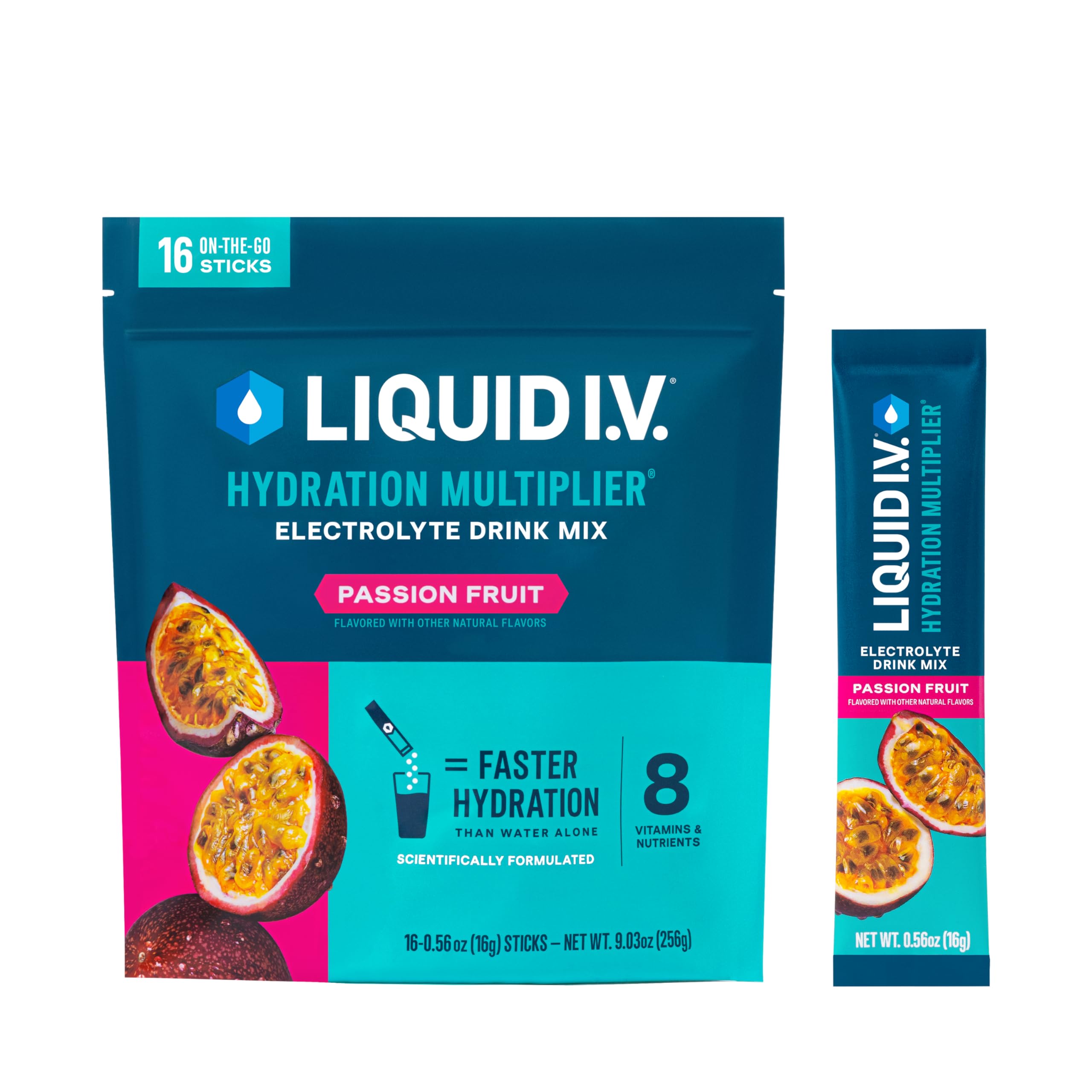 Liquid I.V. empaque frontal Passion Fruit mostrando 16 sobres y beneficio de hidratación rápida