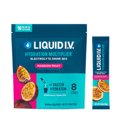 Liquid I.V. empaque frontal Passion Fruit mostrando 16 sobres y beneficio de hidratación rápida