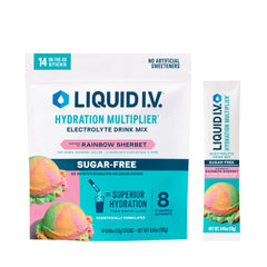 Liquid I.V. empaque frontal Rainbow Sherbet mostrando sobres y 14 unidades beneficio conveniencia