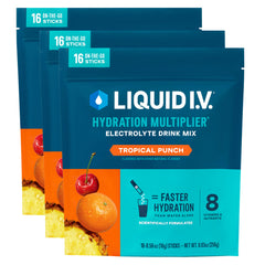 Liquid I.V. empaque frontal Tropical Punch mostrando 48 sobres y practicidad