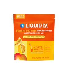 Liquid I.V. frente del empaque mostrando sabor mango passionfruit y beneficio de hidratación rápida