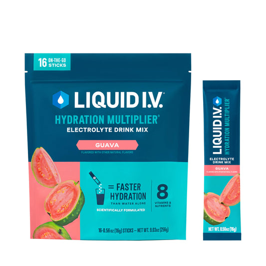 Liquid I.V. paquete frontal guayaba mostrando formato y cantidad