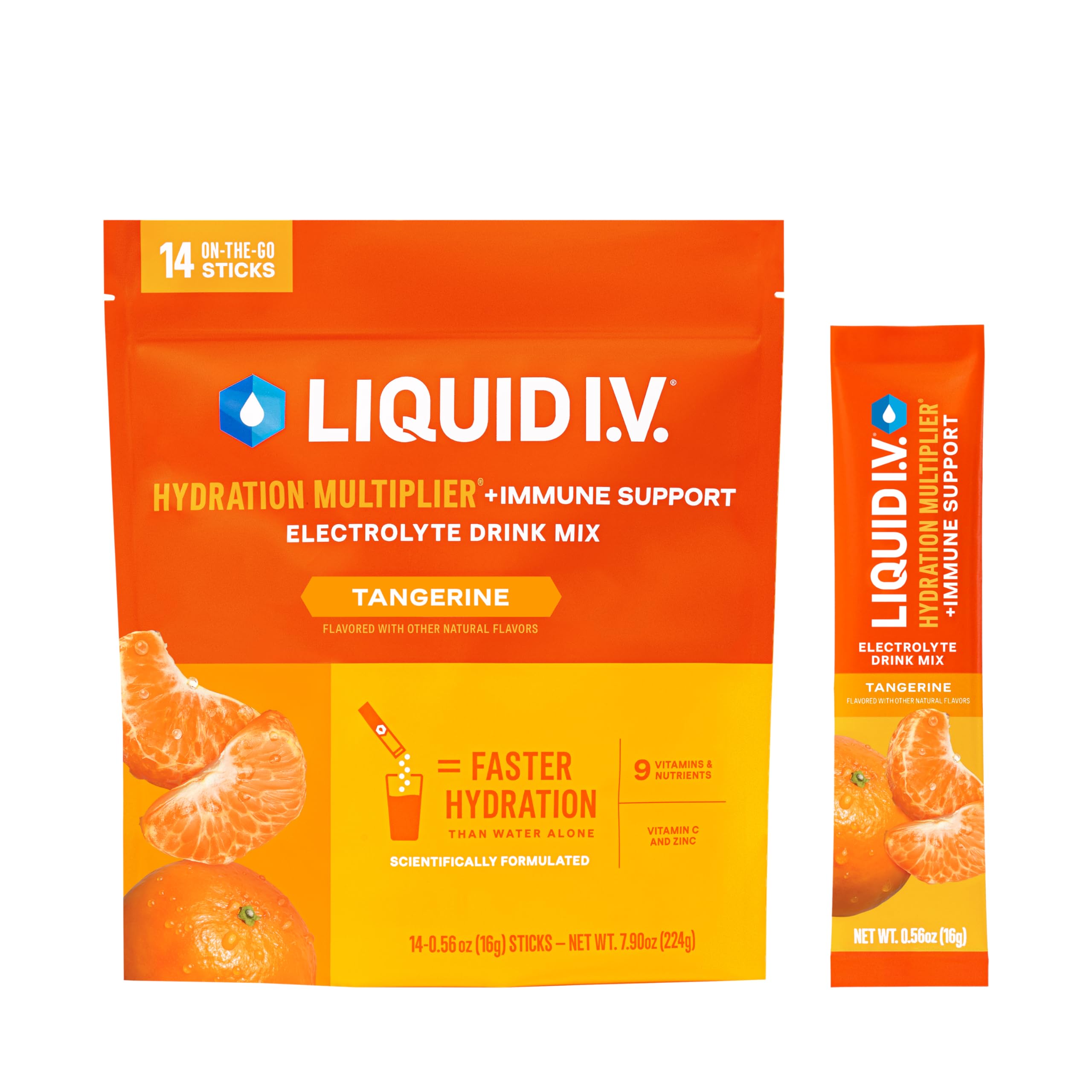 Liquid I.V. frente del paquete tangerine mostrando beneficios de hidratación