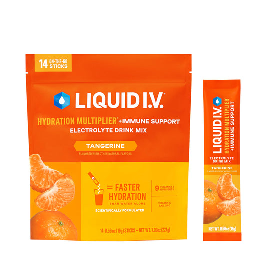 Liquid I.V. frente del paquete tangerine mostrando beneficios de hidratación