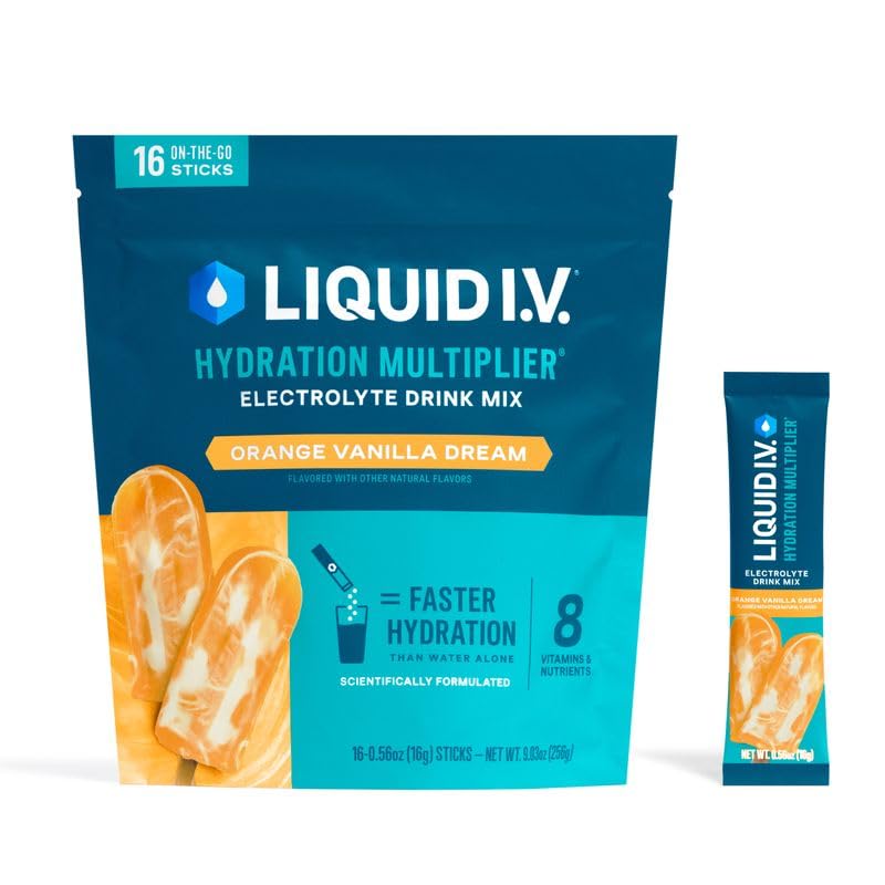 Liquid I.V. vista frontal del paquete mostrando 16 sobres y diseño atractivo