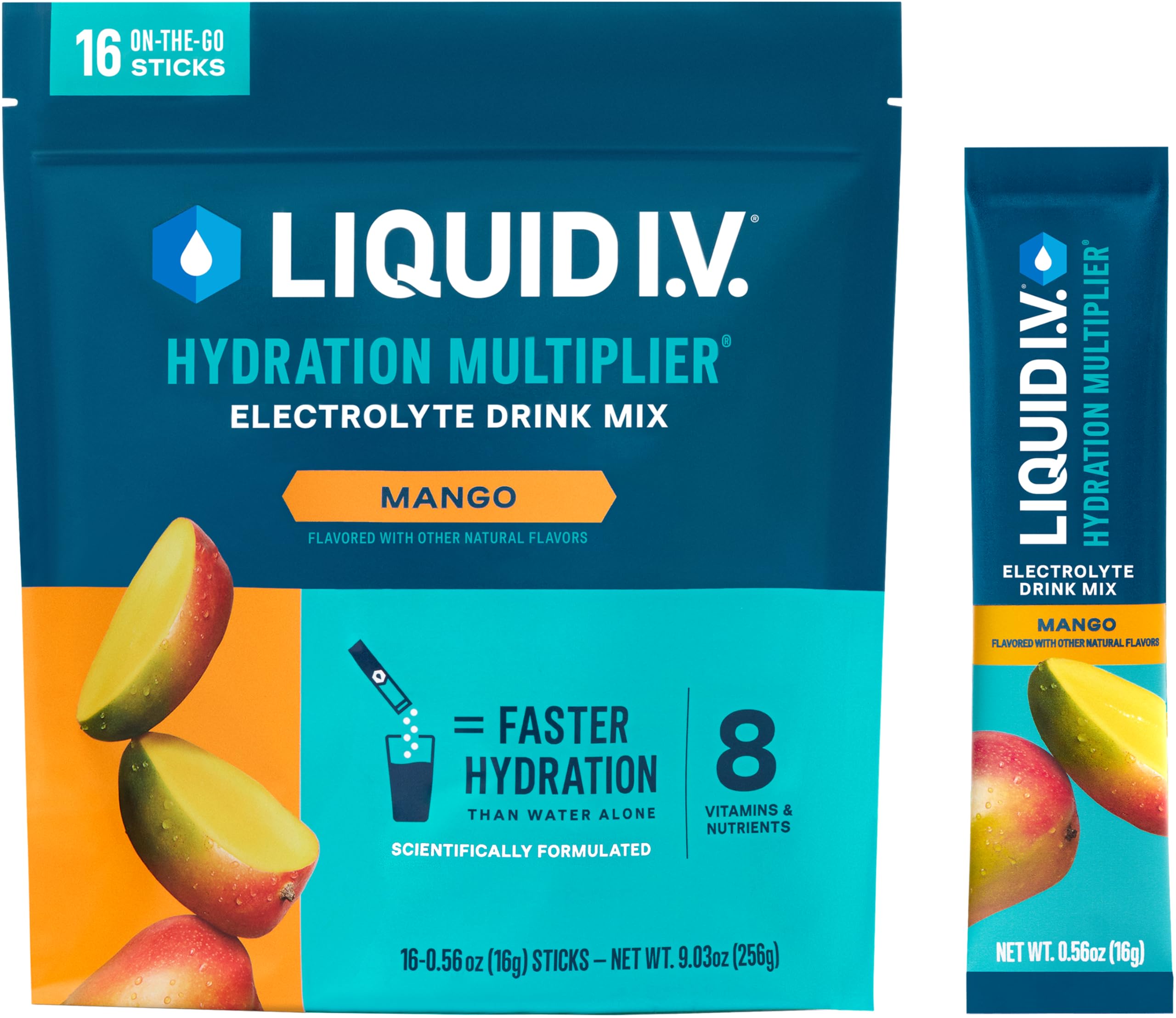 Liquid I.V. frente del empaque mango mostrando diseño y facilidad