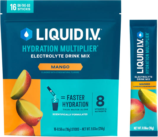 Liquid I.V. frente del empaque mango mostrando diseño y facilidad